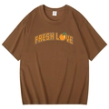 Brown cotton T-shirt featuring orange Fresh Love print and citrus design in flat lay view - Coffee