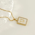 Gold stainless steel square necklace featuring a shell pendant with a crystal letter U - Gold-U