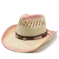 Women's woven straw sun hat with pink gradient trim and golden shell leather band - M (56-58cm) / Pink Hollow Gradient