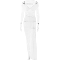 Detail of white lace off-shoulder maxi dress with ruched waist on a transparent mannequin - S / White
