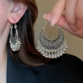 Silver vintage ethnic earrings with hollow patterns and ball tassels for women - 29# Ear Buckle-Silver