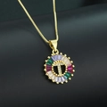 Gold plated letter T pendant necklace with multicolor baguette-cut zircon crystals - Gold Plated Rainbow Zirconia Letter T