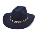 Cappello fedora in lana blu navy a tesa larga con elegante catena dorata decorativa - M (56-58cm) / Blu navy