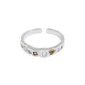 S925 sterling silver open ring with colorful zircon stones and unique irregular texture - Size 13 (Adjustable) / White Gold