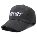 Dark charcoal grey baseball cap with white SPORT embroidery and all-over letter pattern - Adjustable / Dark Gray