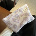 Vintage floral fabric cosmetic pouch with woven flower patterns in purple and green - Violet