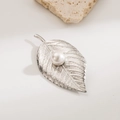 Silver stainless steel leaf brooch with a white round pearl in a minimalist design - Silver Leaf