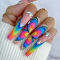 Unghie finte Coffin extra lunghe con farfalla arcobaleno e strass decorativi - Farfalla Arcobaleno Strass (Stile Colla)(CBLCY-146)