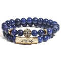 Blue agate and tiger eye bead bracelet set with golden micro-pave charms - Lapis Gold Color