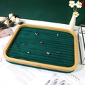 Bamboo jewelry tray with dark green velvet lining for ring display and storage - Green