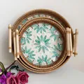 Detail of three-piece nested rattan trays with green shell flower patterns and wooden handles - Green Flower / Three-Piece Set