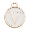Round white enamel alphabet pendant with golden letter V for DIY jewelry making - Letter V / 1 Piece (12x14mm) / White