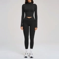 Completo sportivo nero con top a maniche lunghe con zip e leggings a vita a V - S / Nero Premium