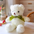 Soft white plush teddy bear with rose patterned fur and decorative green satin ribbon - 30 cm / White