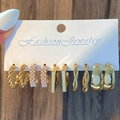 5-pair gold geometric earring set with pearls featuring twisted hoops and rectangular studs - 32 KC Gold (S21)
