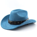 Detail of teal faux suede cowboy hat with brown leather rivet band and bull head emblem - M (56-58cm) / Lake Blue
