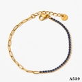Gold stainless steel anklet with blue zircon stones and elongated link chain design - Blue Zircon Gold (A539)