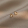 Golden heart earrings with white pearls and sparkling cubic zirconia on silk cloth - Pearl Pavé Heart (E0107) / Gold