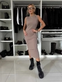 Close-up of ribbed knit sleeveless maxi dress in taupe with side slit detail - S / Dresses / Coffee