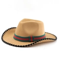Detail of camel jazz hat featuring green-red striped ribbon and black whipstitch brim - M (56-58cm) / Camel With Stitching