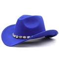 Detail of royal blue wool fedora hat featuring woven band with white shell ornaments - Sapphire Blue