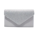 Macro view showing silver satin fabric and sparkling rhinestones on an evening clutch bag - Silver