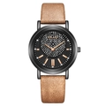 Brown leather strap watch for women with starry rhinestone dial and black case - Coffee
