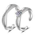 Adjustable silver couple rings with twisted band and pavé cubic zirconia stones - Ql011 / Male Style