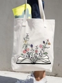 Floral illustration canvas tote bag with books and berry prints on cream fabric - Flowers Growing from Book