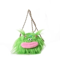 Green plush monster crossbody bag with pink lips, large eyes and colorful braided strap - Large / Green