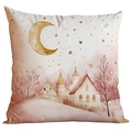Pink and gold watercolor moon and stars Christmas cushion cover on white background - Moon and House