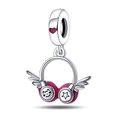 Detail of silver headphone charm with rose enamel, angel wings and cat face star patterns - PAC800-Romantic Earphone Bead