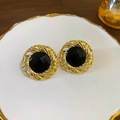 Vintage style gold earrings with large faceted black stone and twisted hollow metal frame - 69# Gold Black Hollow Lace (Silver Earring Post)