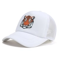 White trucker hat with colorful tiger head print and breathable mesh back in 45-degree view - L (58-60cm) / White