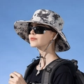 Women's wide brim sun hat with black and white tie-dye pattern and adjustable wind rope - Beige Tie-Dye