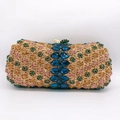 Pochette da sera dorata con strass floreali multicolori e cristalli blu - Base Oro Verde Pavone Multicolore