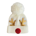 Detalle del gorro de punto de reno navideño con cuernos de lentejuelas doradas y pompón - Talla única (aprox. 2-5 años) / Blanco
