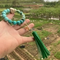 Teal beaded bracelet keychain with leopard print accents and green leather tassel - Style 12 (Turquoise Pattern Beads)
