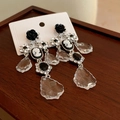 Vintage style earring with black rose, cameo portrait, and clear crystal pendant - Black and White Relief Style / Retro Black Rose Cameo