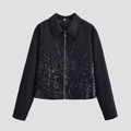 Women's chic black zip jacket with sparkling sequin gradient and classic collar design - XS / Black
