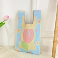Knitted handbag featuring pastel tulip floral patterns in blue, yellow, and pink colors - Beige Blue Cute Tulip