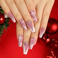 Pink Christmas press-on nails with white French tips, snowflake patterns and rhinestones - Pink White French Snowflake Rhinestone (JP2684)