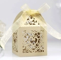 Detailed laser-cut heart candy box in champagne gold with elegant organza ribbon - Beige Gold