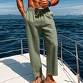Men's sage green linen blend trousers with elastic drawstring waist in a straight leg cut - S / Light Green