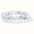 Set of two 8mm matte white beads and white turquoise marble texture elastic bracelets - Set (MB2-0857) / White Turquoise + Porcelain White