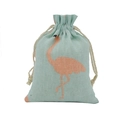 Pastel blue cotton linen drawstring pouch with pink flamingo print for gift storage - 10x14cm / Green Flamingo