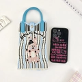 Detail of knitted tote bag with blue stripes and cute pink bunny cartoon pattern - 24-Blue and White Wavy Rabbit-Beun bunny