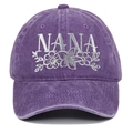 Close-up of Nana floral embroidery on purple washed vintage cotton baseball cap - Purple