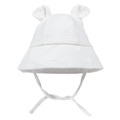 Close-up of a white muslin cotton baby sun hat with cute rabbit ears and chin strap detail - 3-12 Months / White
