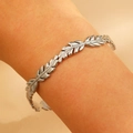 Silver leaf pattern open bangle bracelet with embossed texture and polished metallic finish - Silver Relief Leaf (1006)